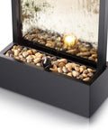 Mirror Waterfall Fountain With Stones And Lights For Indoor Outdoor Zen Decor Create A Calming Vibe In Your Living Room Office Patio Or Entryway 72 Inches Tall close-up of stone base and water feature
