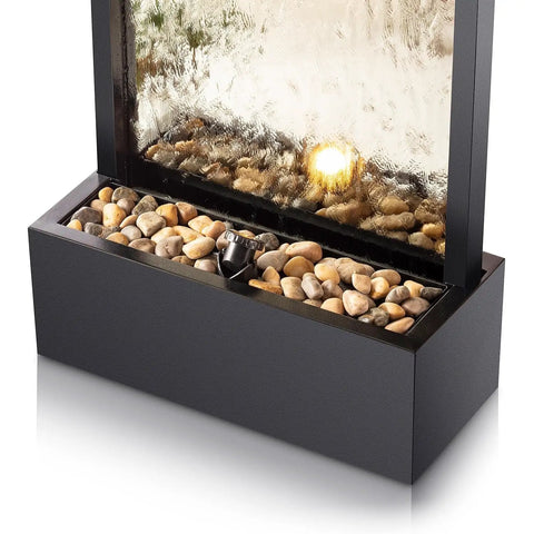 Mirror Waterfall Fountain With Stones And Lights For Indoor Outdoor Zen Decor Create A Calming Vibe In Your Living Room Office Patio Or Entryway 72 Inches Tall close-up of stone base and water feature
