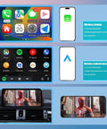 Wireless CarPlay Android Auto Retrofit Kit Decoder Box For BMW NBT System displaying apps on dashboard screen and smartphone