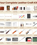 All In One Leather Craft Kit With 155 Piece Tool Set For Beginners Includes Stamping Tools Punches Stitching System Groover Edge Beveler Creaser And Cutting Tools For Wallets Belts Bags DIY Leatherworking Starter Set on display with organized tools and materials.