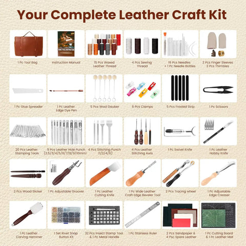 All In One Leather Craft Kit With 155 Piece Tool Set For Beginners Includes Stamping Tools Punches Stitching System Groover Edge Beveler Creaser And Cutting Tools For Wallets Belts Bags DIY Leatherworking Starter Set on display with organized tools and materials.