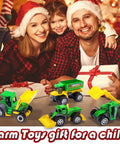 Family holding gift with toys; Six Piece Diecast Farm Vehicle Toy Set For Kids 3 Years And Up Includes Tractor Harvester Transporter