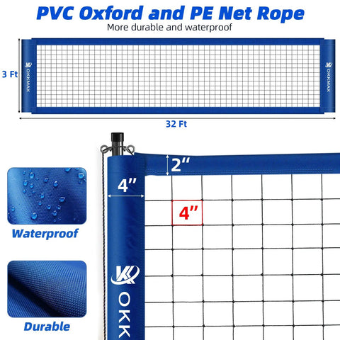 Heavy Duty Outdoor Volleyball Net Set With Adjustable Poles And Anti Sag Design, featuring 32ft durable PVC Oxford net