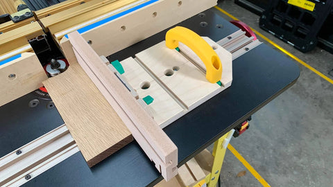 ZeroPlay Miter Bars 2-Pack With MatchFit Jig Handle installed on router table for precise slop-free cuts with one-touch calibration.