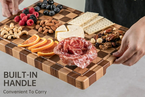 Real Deal Acacia Wood Checkered Cutting Board With Deep Juice Grooves And Solid Handles Large 17 Inch Butcher Block with snacks and fruit.