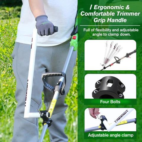 Person using Upgraded Weedeater Handle With Ergonomic Trimmer Grip Extension for Weed Eater; lightweight alloy aluminum; 17.7 inches long.