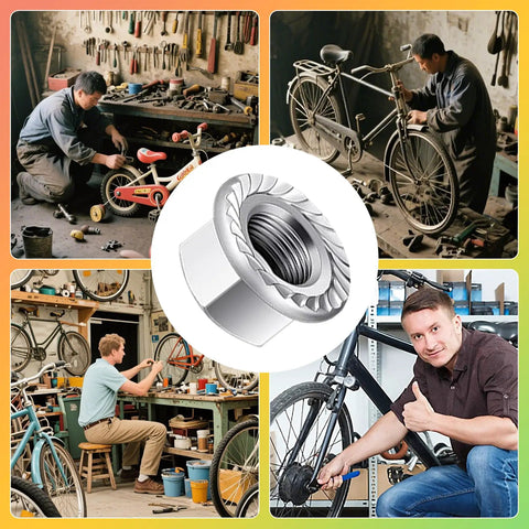 Universal Bike Axle Nut And Washer Kit with M8 M9.5 M10 bolts for mountain, road, and e-bikes shown in various maintenance scenes