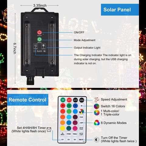 Dope Outdoor Solar String Lights control panel and remote with 16 colors, 20 modes display.