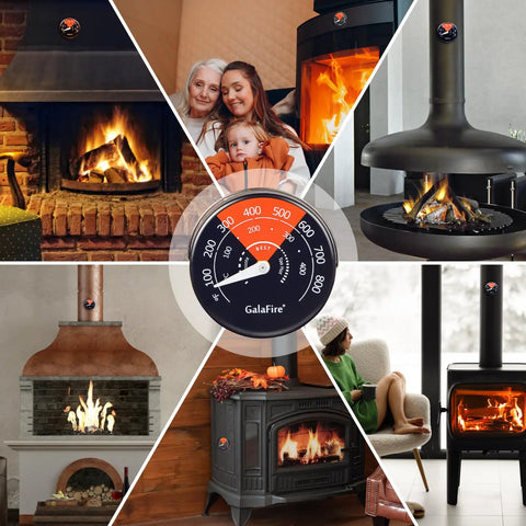 Magnetic Wood Stove Thermometer with White Needle on various stoves, showing Easy Read Oven Temperature Meter for Wood Burning Stoves.