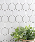 2 Inch Hex Glossy White Porcelain Mosaic Tile For Floors And Walls Mesh Mounted 11-1/8 By 12-5/8 Inches with plant decor