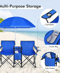 Grab And Go Double Portable Picnic Chair With Detachable Umbrella Built In Cooler Bag And Cup Holders Folding Camping Chair For Outdoors Easy Carry And Storage Blue showcased on a beach with close-ups of features.