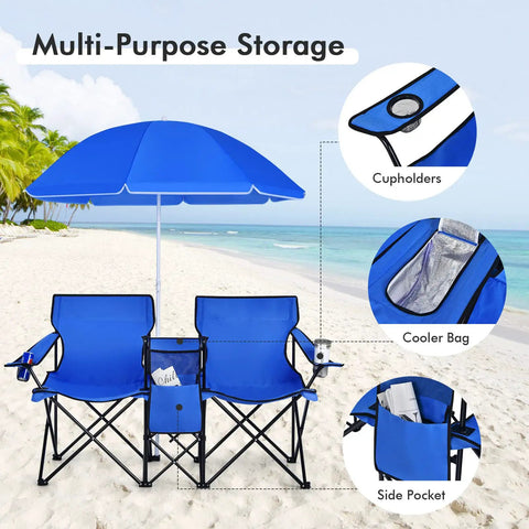 Grab And Go Double Portable Picnic Chair With Detachable Umbrella Built In Cooler Bag And Cup Holders Folding Camping Chair For Outdoors Easy Carry And Storage Blue showcased on a beach with close-ups of features.