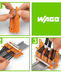 221-500 Mounting Carrier For 221 Series Splice Connectors To Terminal Block Conversion, orange DIN-35 rail mount with wires installed