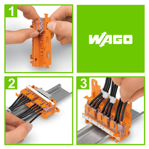 221-500 Mounting Carrier For 221 Series Splice Connectors To Terminal Block Conversion, orange DIN-35 rail mount with wires installed