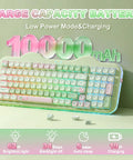 Butter Smooth Milk Switch Wireless Mechanical Keyboard With 98 Key Layout And Full Number Pad Featuring Totally Fire Cake Theme Vibe And Vibrant Dye Sub Keycaps displaying 10000mAh battery.