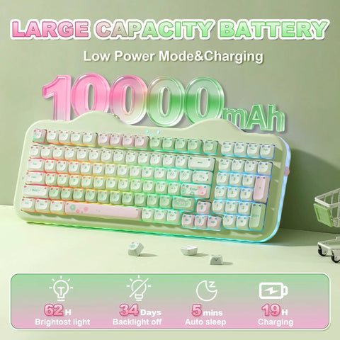 Butter Smooth Milk Switch Wireless Mechanical Keyboard With 98 Key Layout And Full Number Pad Featuring Totally Fire Cake Theme Vibe And Vibrant Dye Sub Keycaps displaying 10000mAh battery.