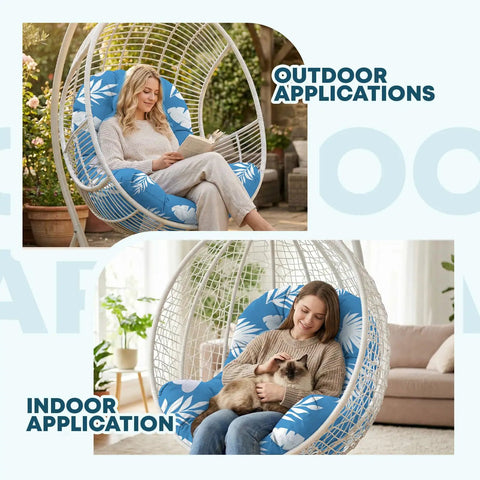 Waterproof Outdoor Egg Chair Cushion Replacement With Ties For Hanging Egg Couch 47 By 35 By 7 Inches, Blue Leaf Color, Outdoor and Indoor Use