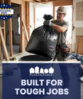 Worker using 55 Gallon Heavy Duty Contractor Bags 4 Mil Puncture And Tear Resistant Trash Liners 38 X 58 Inch Built For Rough Jobs
