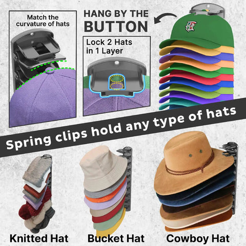 Flex Your Stash With This Double Layer Hat Rack That Stores Forty Baseball Caps No Sweat Includes Smooth Spring Clips And Rock Solid Adhesive Or Screws For Wall Closet Or Door Setup Matte Black