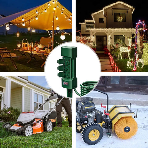 Outdoor Power Stake With Six Outlets, 9 Ft Extension Cord, Dual Sided Weatherproof Power Strip With Flip Covers, ETL Certified Outdoor Multi Outlets for Yard, Patio, Grilling, and Power Tools in use with lights, lawn mower, and snow blower.