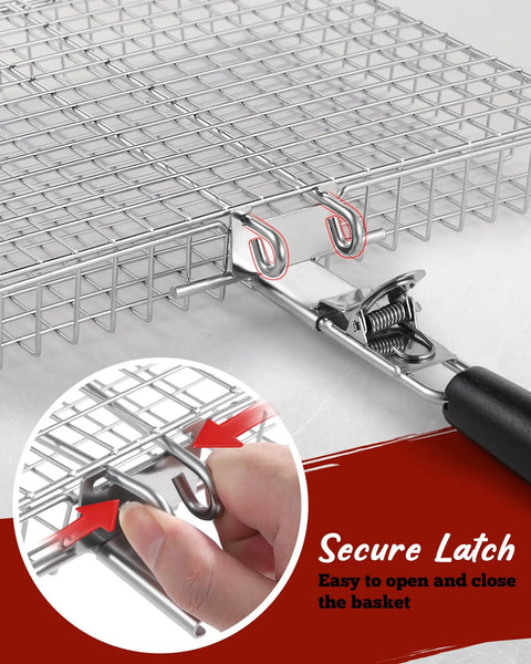 Close-up of secure latch on stainless steel grill basket from Two Pack Nesting Grill Baskets With Removable Handles For Outdoor BBQ Grillin Barbecue Gear Stainless Steel Camping Accessories For Meat Fish Shrimp Veggies And More A Great Gift For Dad Husband Or Any Grill Master