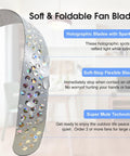 Close-up of holographic soft and flexible blade from Fly Swatter And Battery Powered Food Spinning Fans Set Of 2 For Tables Outdoor Picnics BBQs And Indoor Events With Safe Soft Blade Design Keeps Food Safe As You Eat Portable Table Fans Operated By 2 AA Batteries Not Included Black.