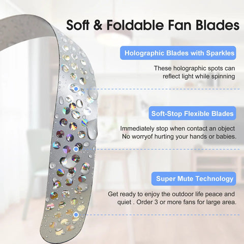 Close-up of holographic soft and flexible blade from Fly Swatter And Battery Powered Food Spinning Fans Set Of 2 For Tables Outdoor Picnics BBQs And Indoor Events With Safe Soft Blade Design Keeps Food Safe As You Eat Portable Table Fans Operated By 2 AA Batteries Not Included Black.