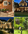 Five Watt LED Low Voltage Landscape Lights Kit illuminating house exteriors and pathways, showing warm white lighting effect