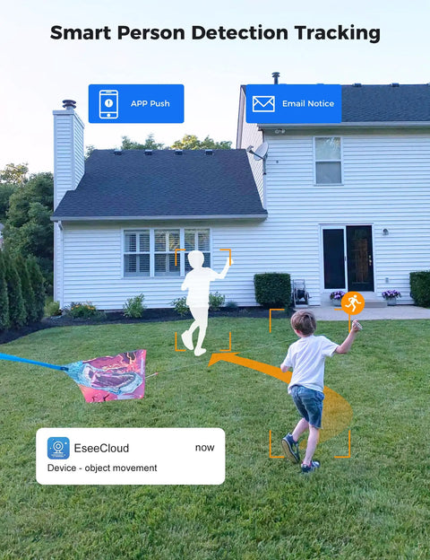 5MP Wireless Security Camera System With 8 Cameras Including PTZ And Bullet, 3TB HDD, Smart motion alerts in backyard