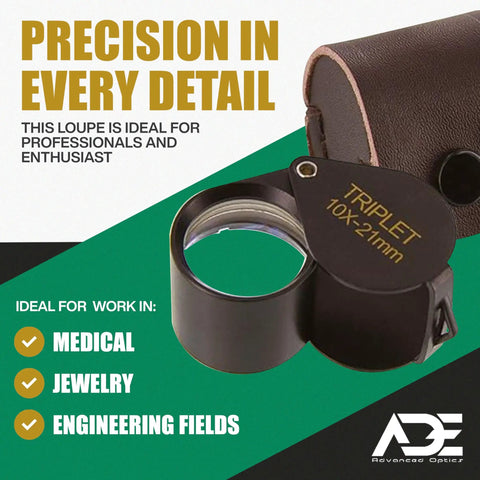 10x21 Triplet Professional Loupe For Jewelry, Coins, Gemstones, Diamonds, Trichomes, Geology, Watches, Plants, Slides with leather case