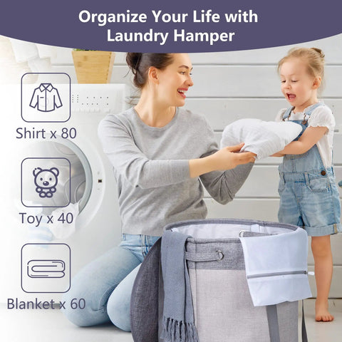Mother and child organizing laundry with 70L Round Collapsible Laundry Hamper With Lid And Easy Carry Handles Freestanding Laundry Basket