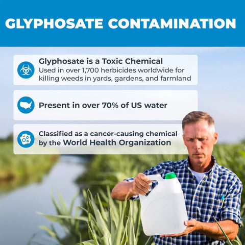 Man holding a glyphosate container near crops, highlighting Glyposate Contamination risks and toxic chemical warnings.
