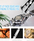 Watch Band Tool Kit With Pro Grade Spring Bar Pliers And 10 Tips Tweezers Set shown disassembling a wristwatch.