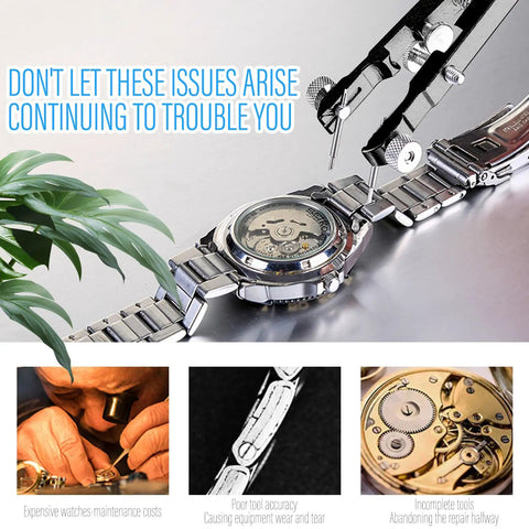 Watch Band Tool Kit With Pro Grade Spring Bar Pliers And 10 Tips Tweezers Set shown disassembling a wristwatch.