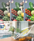 Dimmable E12 Candelabra LED Bulbs 60W Incandescent Equivalent 5000K Daylight White Clear Filament Chandelier Light Bulbs 6W 600lm CA11 Vintage Ceiling Fan Light Bulbs With Flame Tip No Fuss Fully Dimmable Energy Saving showing color clarity comparison with high CRI.