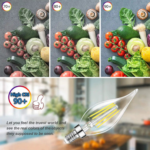 Dimmable E12 Candelabra LED Bulbs 60W Incandescent Equivalent 5000K Daylight White Clear Filament Chandelier Light Bulbs 6W 600lm CA11 Vintage Ceiling Fan Light Bulbs With Flame Tip No Fuss Fully Dimmable Energy Saving showing color clarity comparison with high CRI.