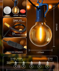 Diagram showing Outdoor String Lights 50 Foot Long With 25 Plus 2 G40 LED Bulbs Shatterproof Patio Lights IP65 Waterproof.