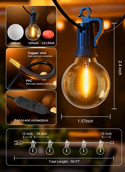 Diagram showing Outdoor String Lights 50 Foot Long With 25 Plus 2 G40 LED Bulbs Shatterproof Patio Lights IP65 Waterproof.