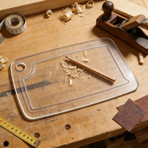 Premium Acrylic Two In One Cutting Board Router Template For Woodworking And Inlay Projects Laser Cut Quarter Inch Thick Guide on a workbench with wood shavings.