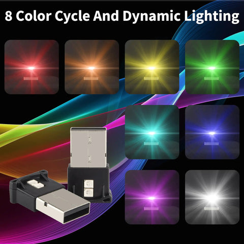 USB LED Car Light With 5V Smart Interior Lighting Atmosphere Lamp showing 8-color cycle and dynamic lighting effects.