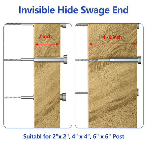 Invisible Cable Railing Kit For 2x2 And 4x4 Posts With Swage Tensioner Hardware showing installation on wood posts