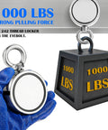 Powerful 1000LBS Double Sided Neodymium Magnet Fishing Kit with 20m rope and protective gloves shown in gloved hand