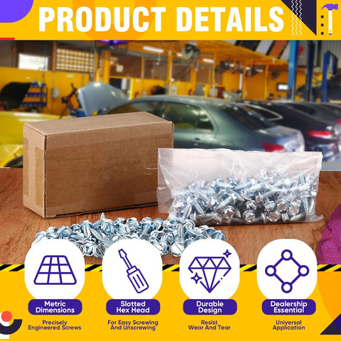 100 Pack License Plate Screws 6mm By 16mm Slotted Hex Head Bolts for Front and Rear Plates Rustproof Fasteners in workshop setting