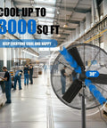 Beefy 30 Inch Pedestal Floor Fan With Industrial Grade Performance, cooling industrial warehouse, features 7261 CFM airflow.