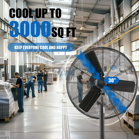 Beefy 30 Inch Pedestal Floor Fan With Industrial Grade Performance, cooling industrial warehouse, features 7261 CFM airflow.