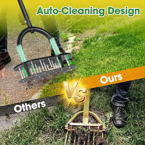 Comparison of Lawn Aerator Tool With 15 Iron Spikes For Quick Soil Aeration In Your Yard And Garden, showing two designs