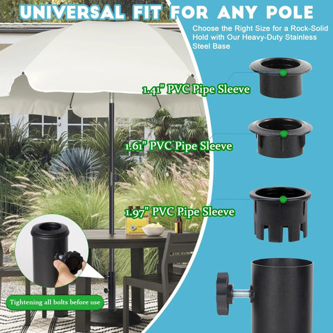Heavy Duty Steel Umbrella Base Tube Replacement Pole With Black Powder Coat For Universal Parasol Base Replacement Part For Outdoor Patio Garden Balcony Rust Resistant Durable And Easy To Install showcasing pipe sleeves and tightening feature.