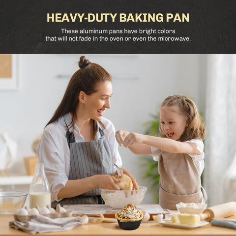 Woman and child baking with Disposable Colored Aluminum Baking Cups With Lids, 4 Ounce Capacity, Black Exterior With Gold Interior