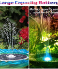 Solar Fountain Pump With Battery Backup For Bird Bath And Garden Pond showing water spray and color-changing LED lights.