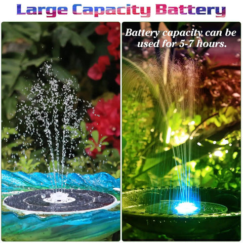 Solar Fountain Pump With Battery Backup For Bird Bath And Garden Pond showing water spray and color-changing LED lights.
